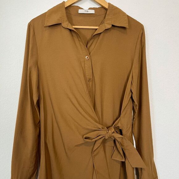 Tibi Caramel Brown Viscose Twill Tie Waist Midi Shirt Dress Women's Small - Picture 3 of 7